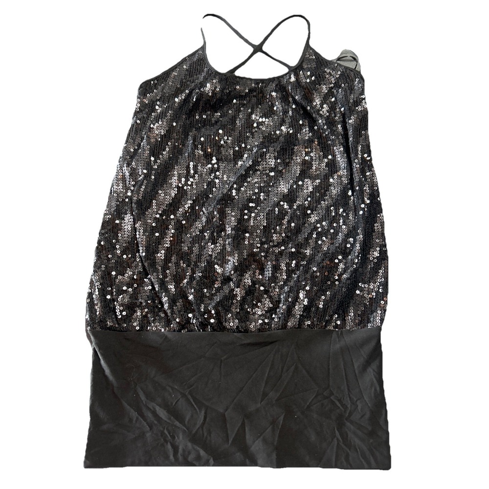 Y2K 2000s Mini Cocktail Dress Womens S Black Sequin Bodycon Formal Goth 90s